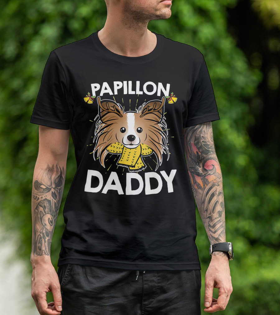Papillon Daddy Cute Dog With Yellow Sweater And Bells T-Shirt