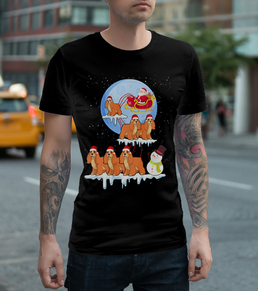 Funny Cocker Spaniel Christmas Dog Riding Sleigh with Santa and Snowman T-Shirt