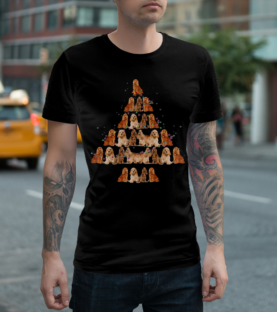 English Cocker Spaniel Dogs Forming Holiday Tree with Festive Decorations T-Shirt