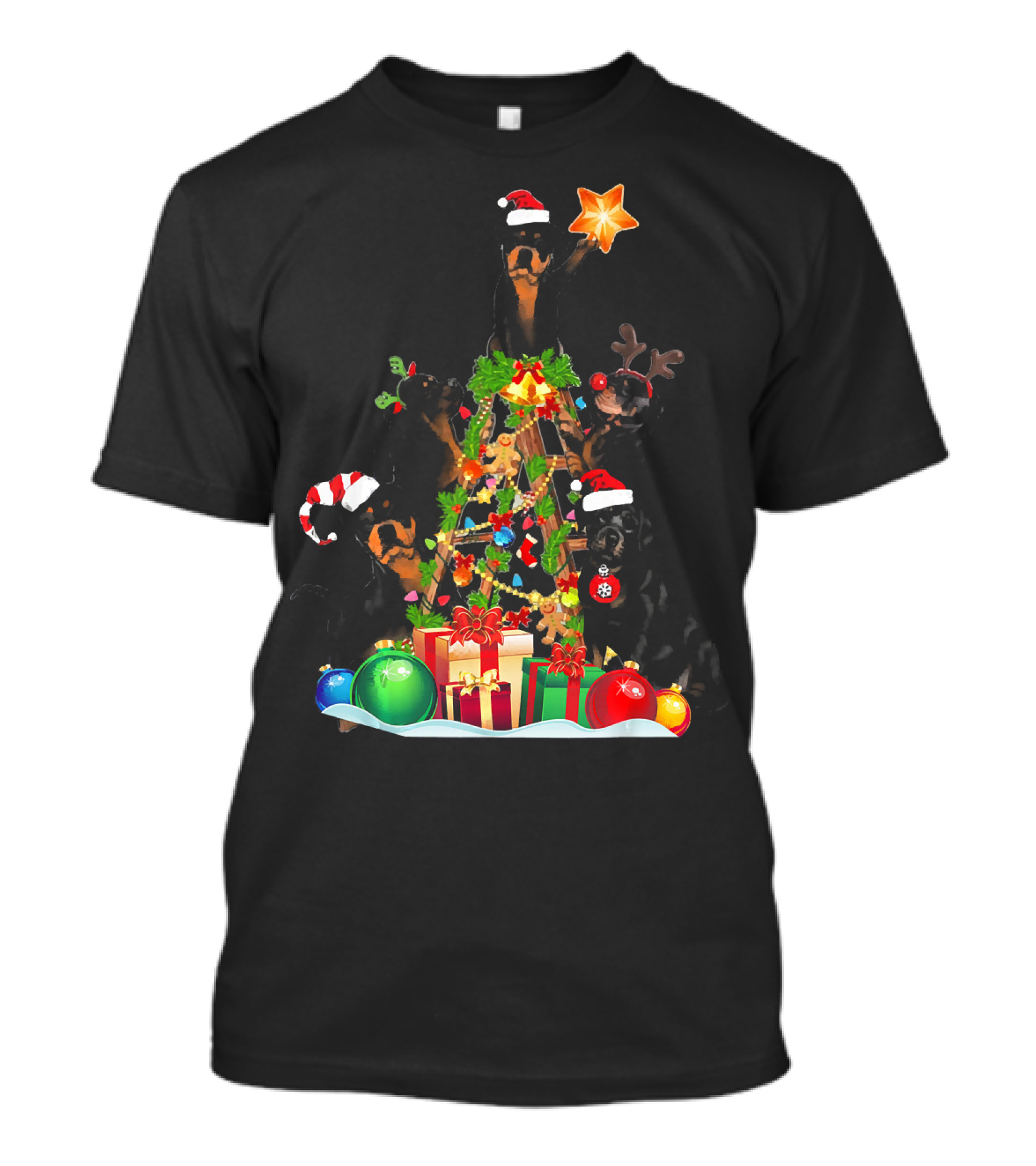 Dog Lover Christmas Rottweiler Tree With Santa Hats And Holiday Gifts T-Shirt
