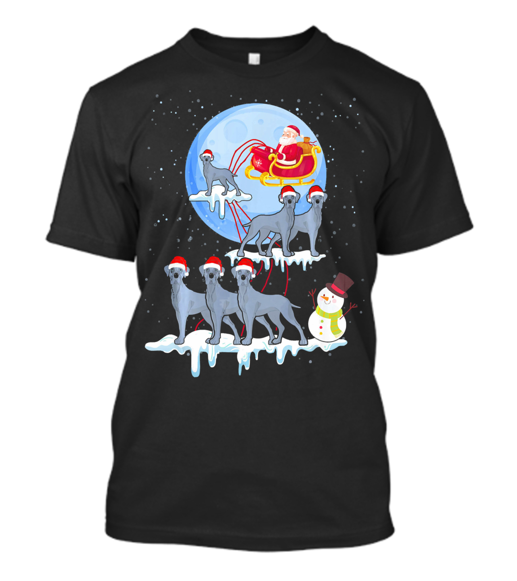 Funny Great Dane Santa Sleigh Christmas Moon Scene T-Shirt