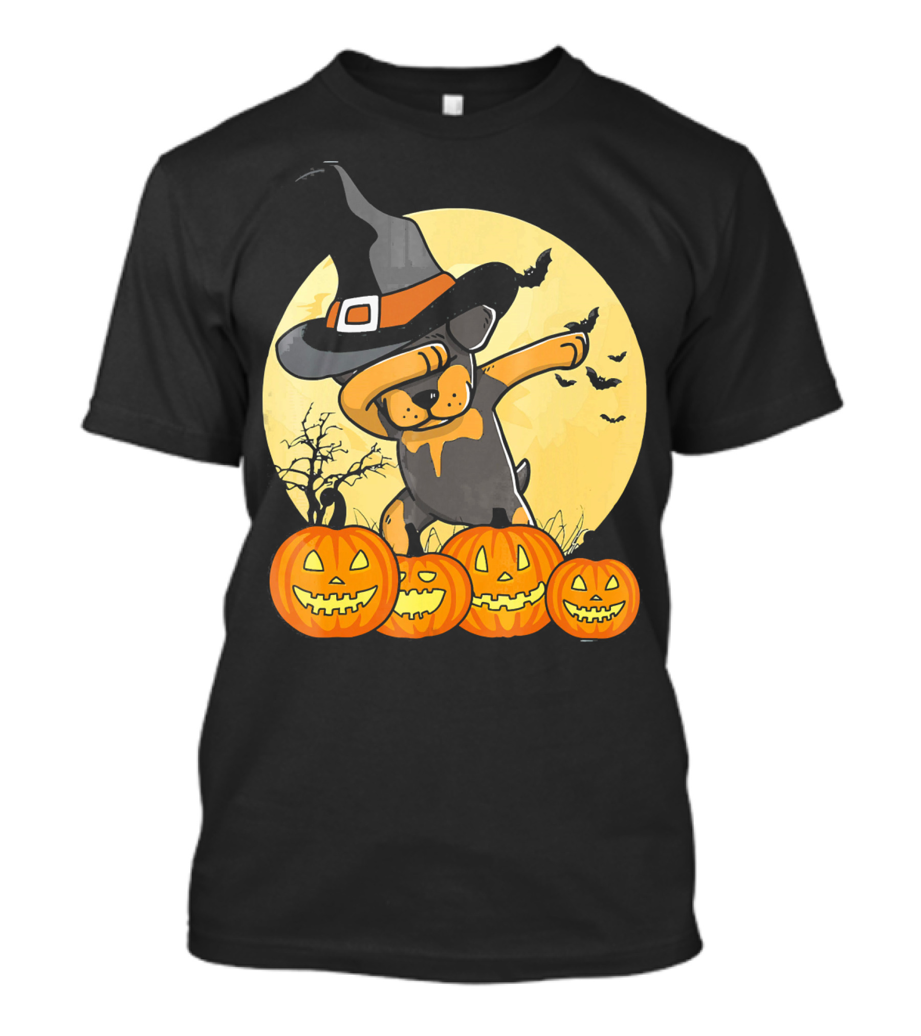 Dabbing Rottweiler Halloween Witch Hat Pumpkins Full Moon Bats T-Shirt