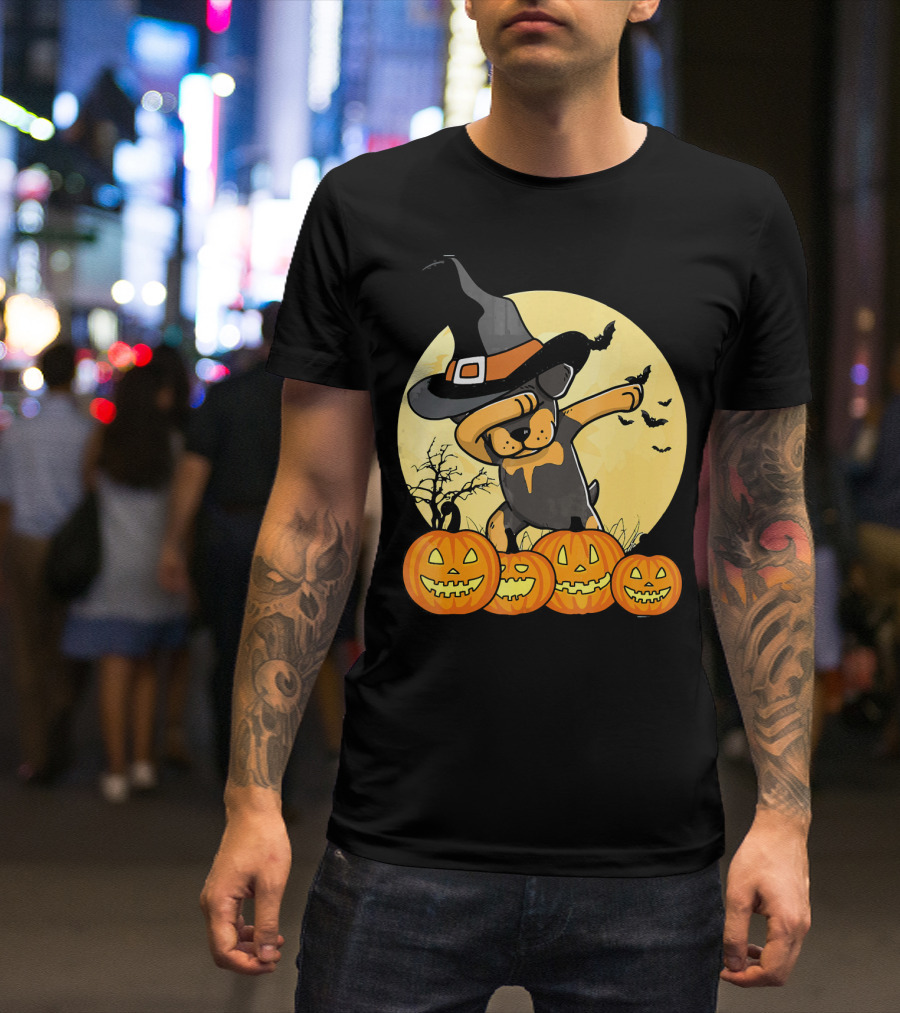 Dabbing Rottweiler Halloween Witch Hat Pumpkins Full Moon Bats T-Shirt