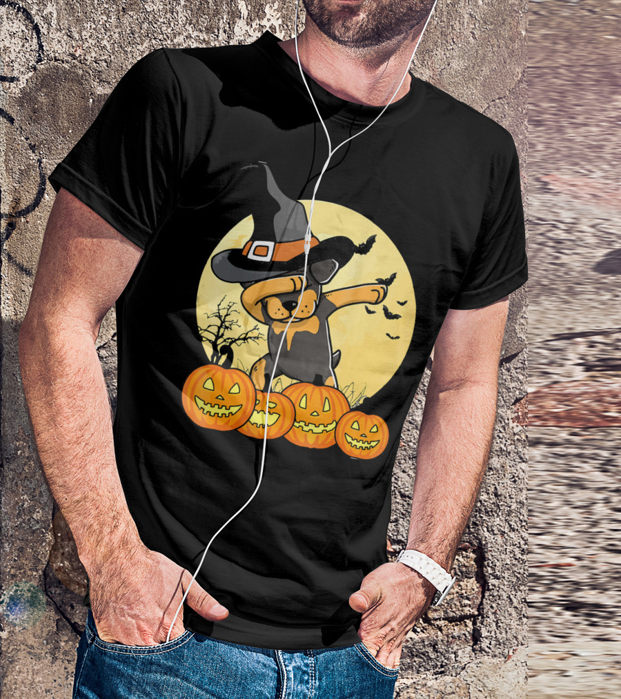Dabbing Rottweiler Halloween Witch Hat Pumpkins Full Moon Bats T-Shirt