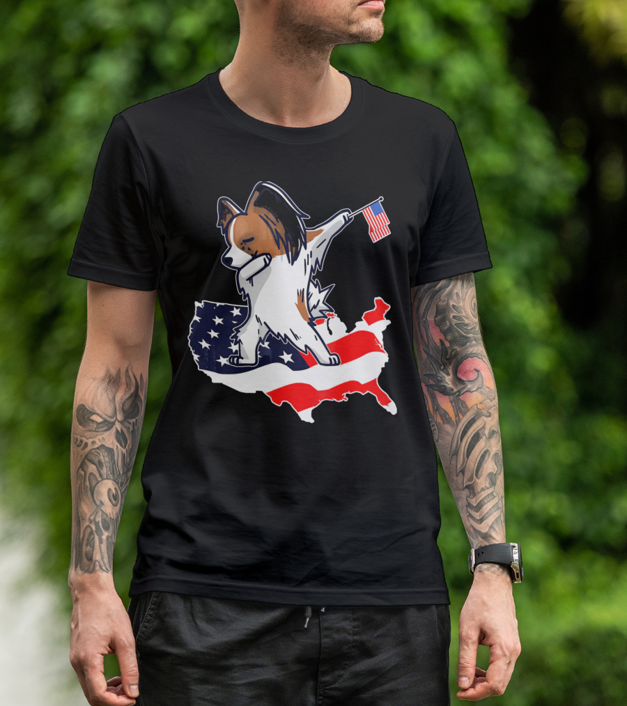 Dabbing Papillon Dog On American Flag Map With Mini Flag T-Shirt