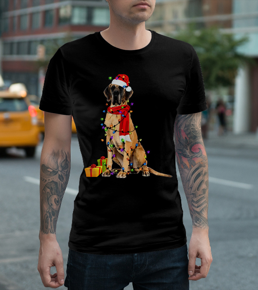 Great Dane Santa with Christmas Lights and Gifts T-Shirt