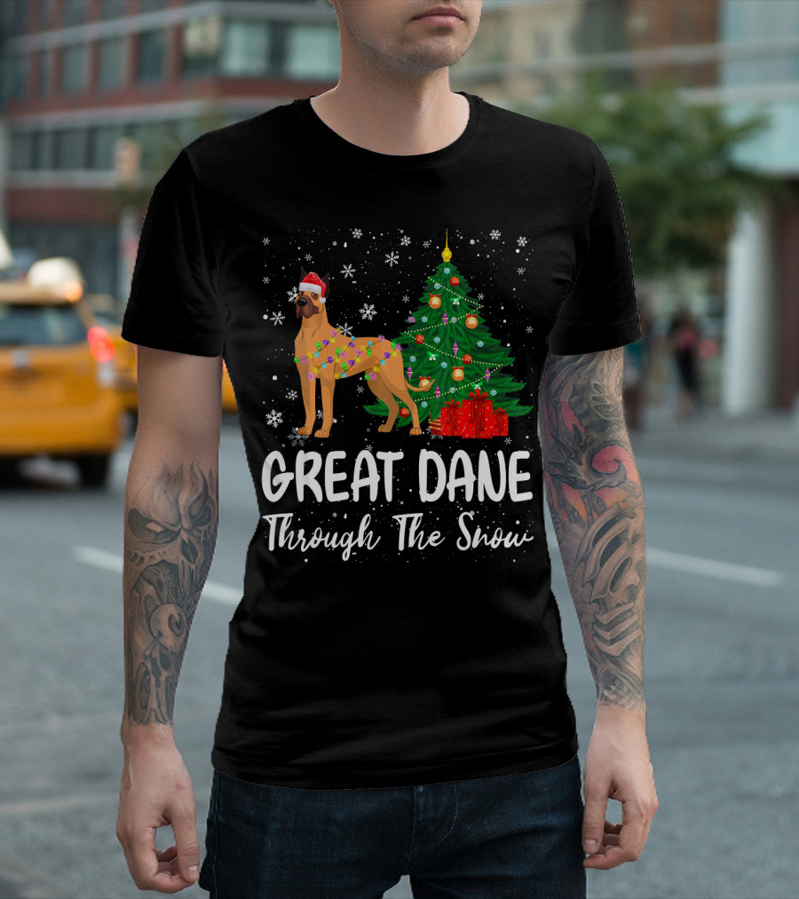 Great Dane Through The Snow Christmas Tree Santa Hat Lights Snowflakes T-Shirt