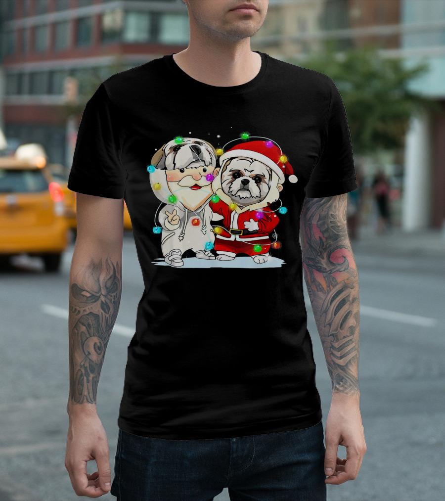 Shih Tzu Duo in Santa Outfit with Christmas Lights T-Shirt