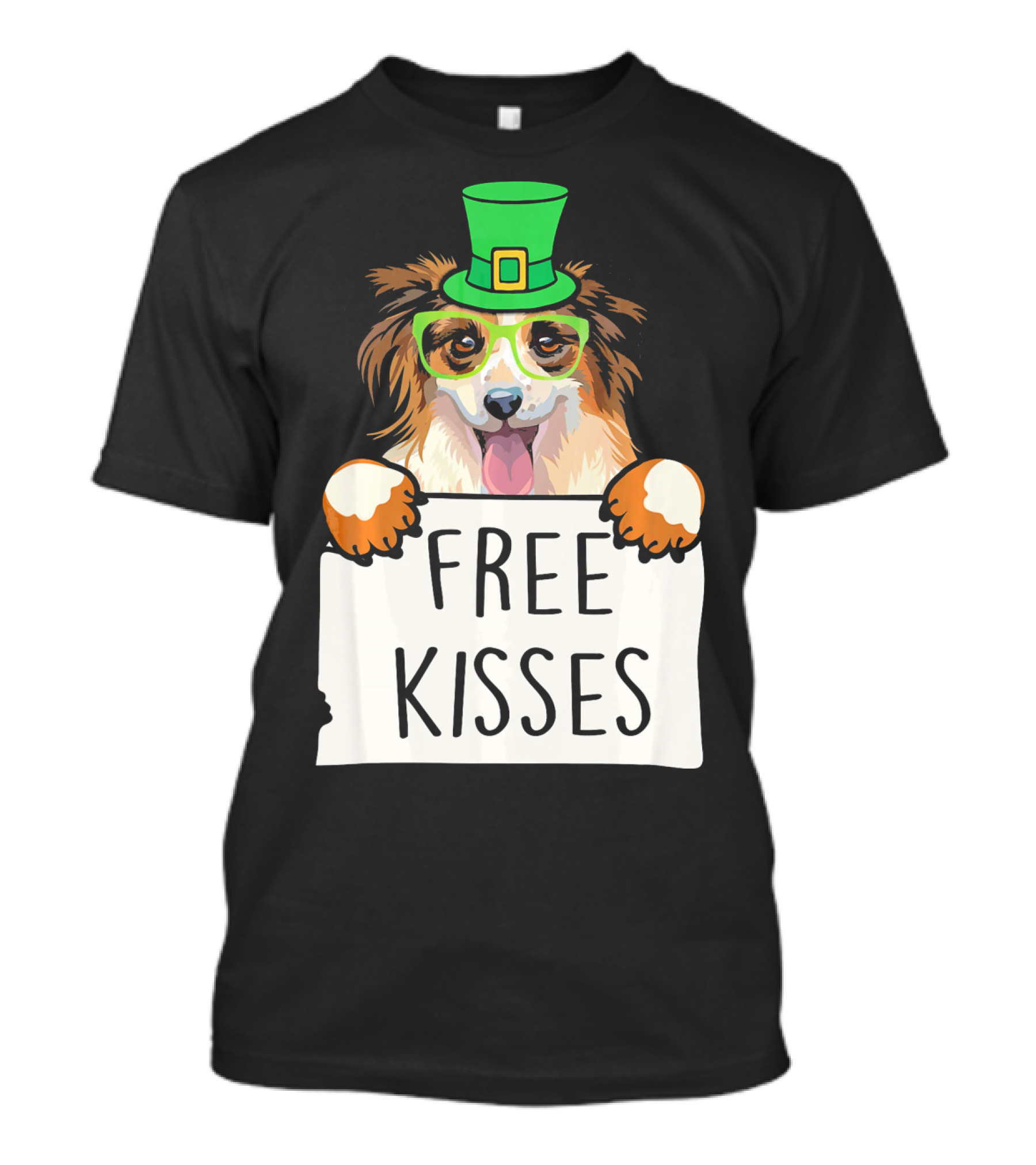 Free Kisses Papillon Dog St Patri St Patrick's Day Green Hat T-Shirt