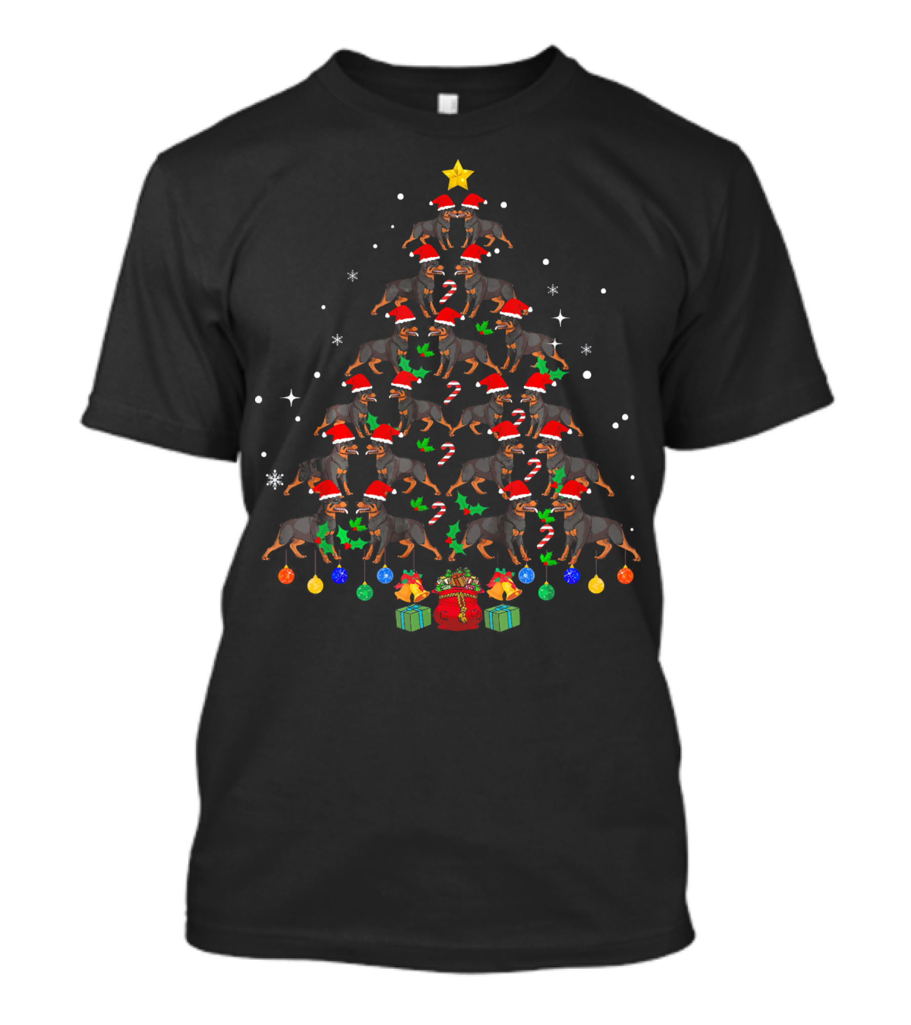 Funny Rottweiler Christmas Tree With Santa Hats And Candy Canes T-Shirt