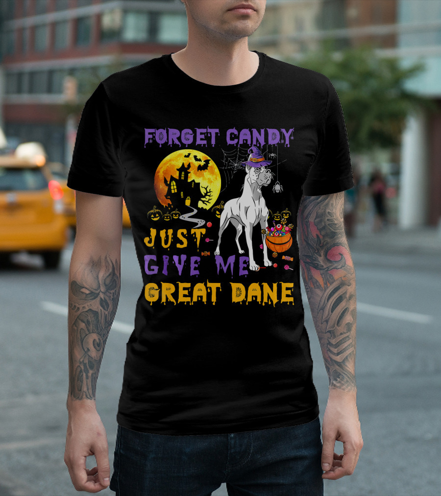 Forget Candy Just Give Me Great Dane Halloween Scene With Haunted House And Pumpkins T-Shirt