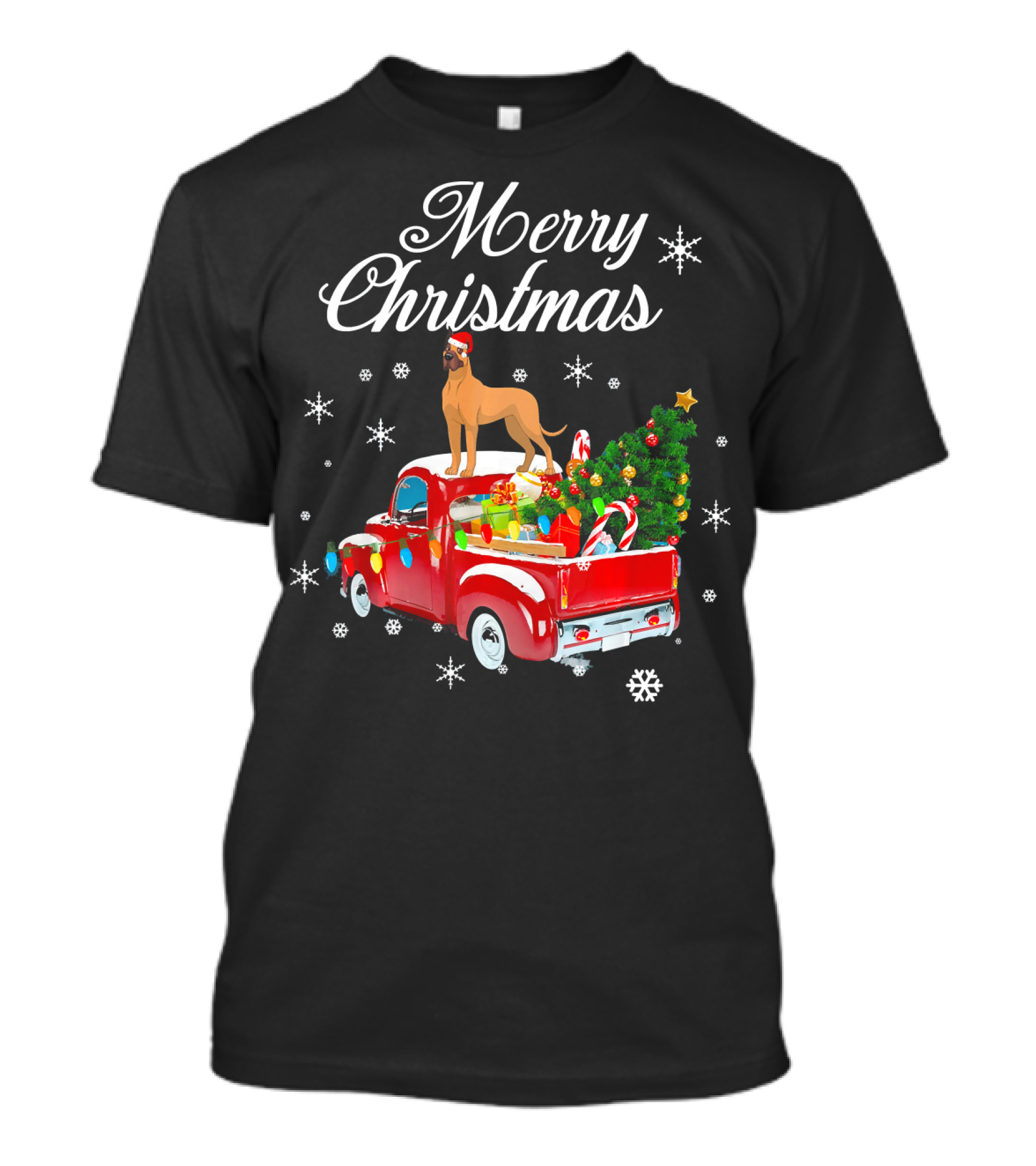 Merry Christmas Great Dane On Red Truck With Tree And Gifts T-Shirt