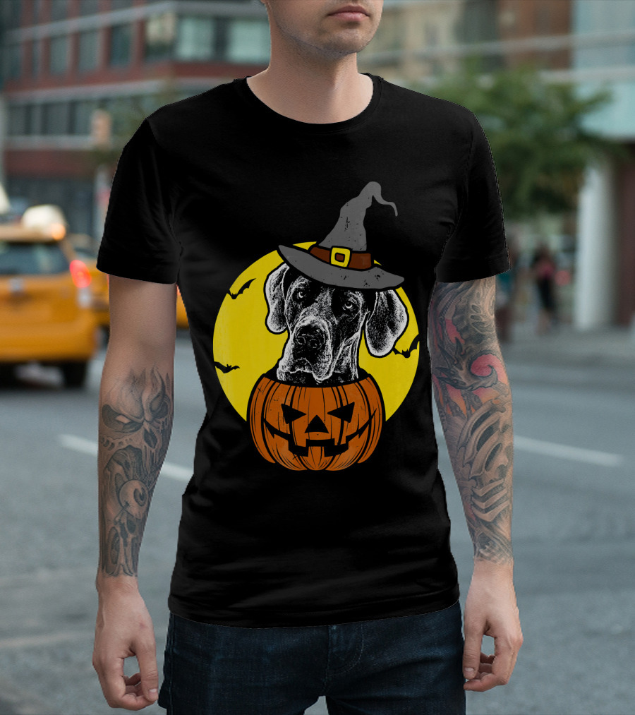 Great Dane in Pumpkin with Witch Hat and Bats T-Shirt