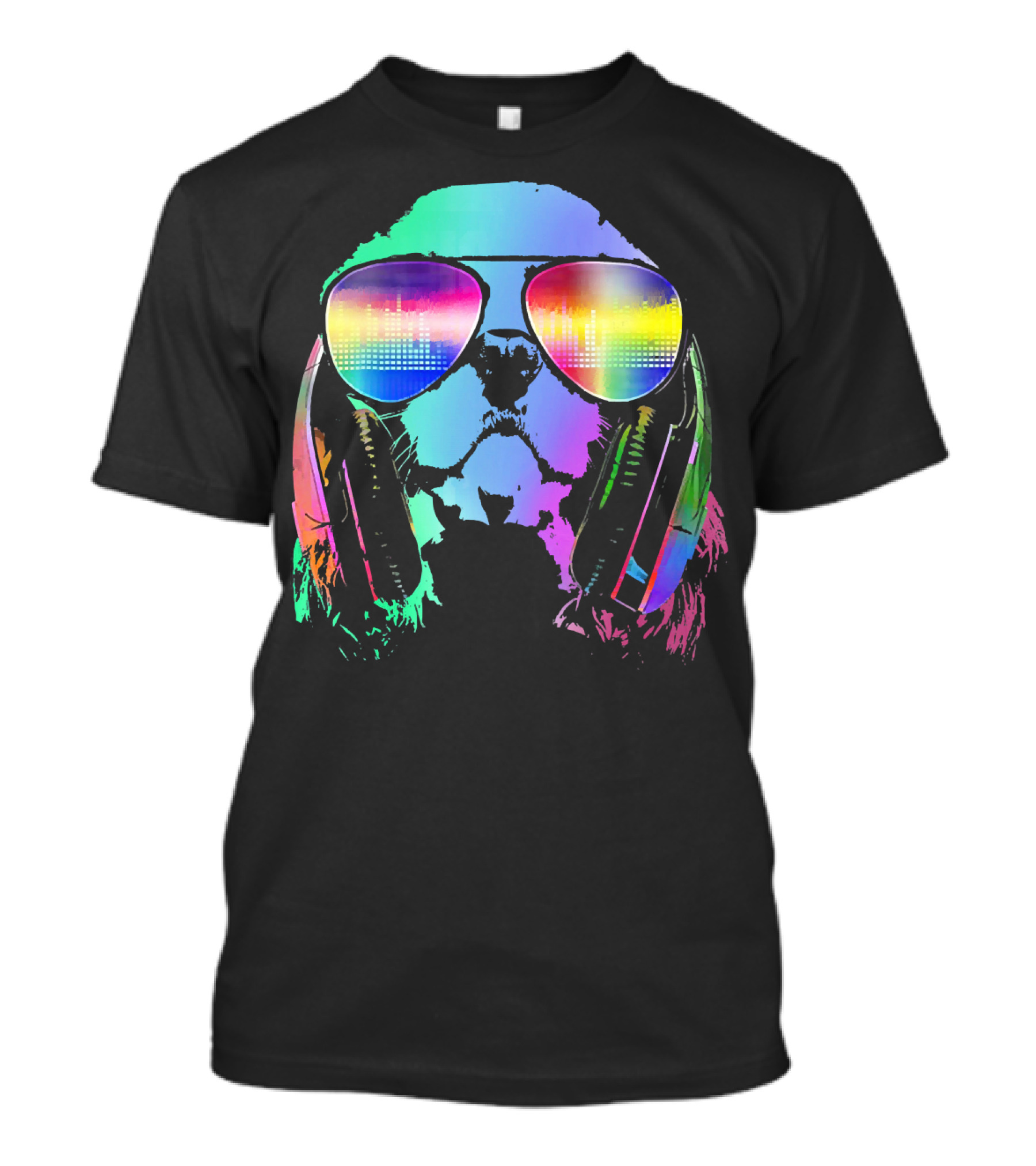 DJ Cavalier King Charles Trippy Electro Music Vibes Rainbow Headphones Glasses T-Shirt