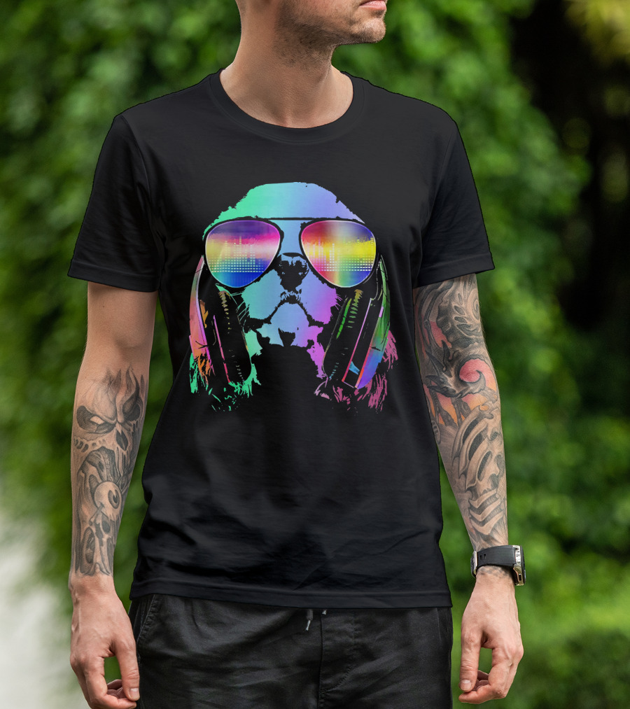 DJ Cavalier King Charles Trippy Electro Music Vibes Rainbow Headphones Glasses T-Shirt