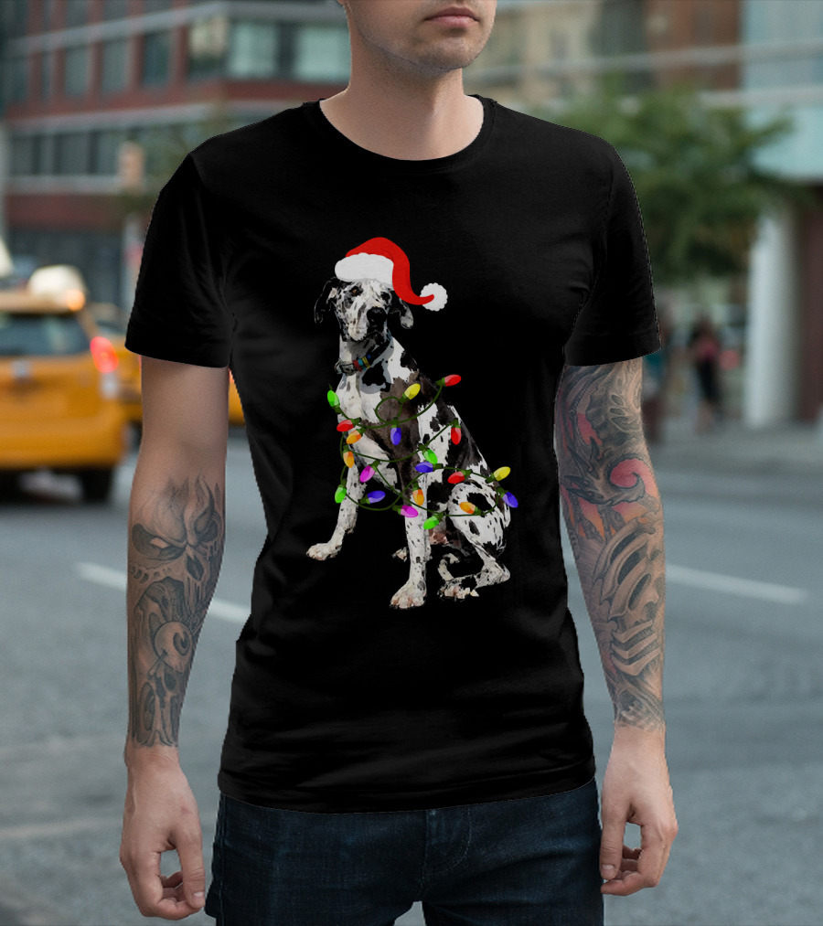 Great Dane Christmas Light Cute Dog Love Santa Hat Festive Holiday T-Shirt