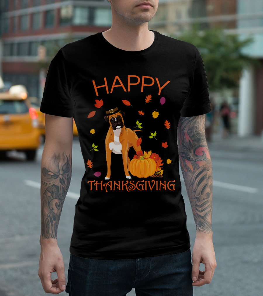 Happy Thanksgiving Boxer Dog with Pumpkins and Maple Leaves T-Shirt