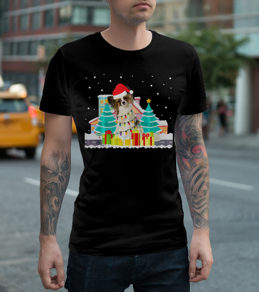 Funny Christmas Dog Led Lights Santa Hat Papillon T-Shirt