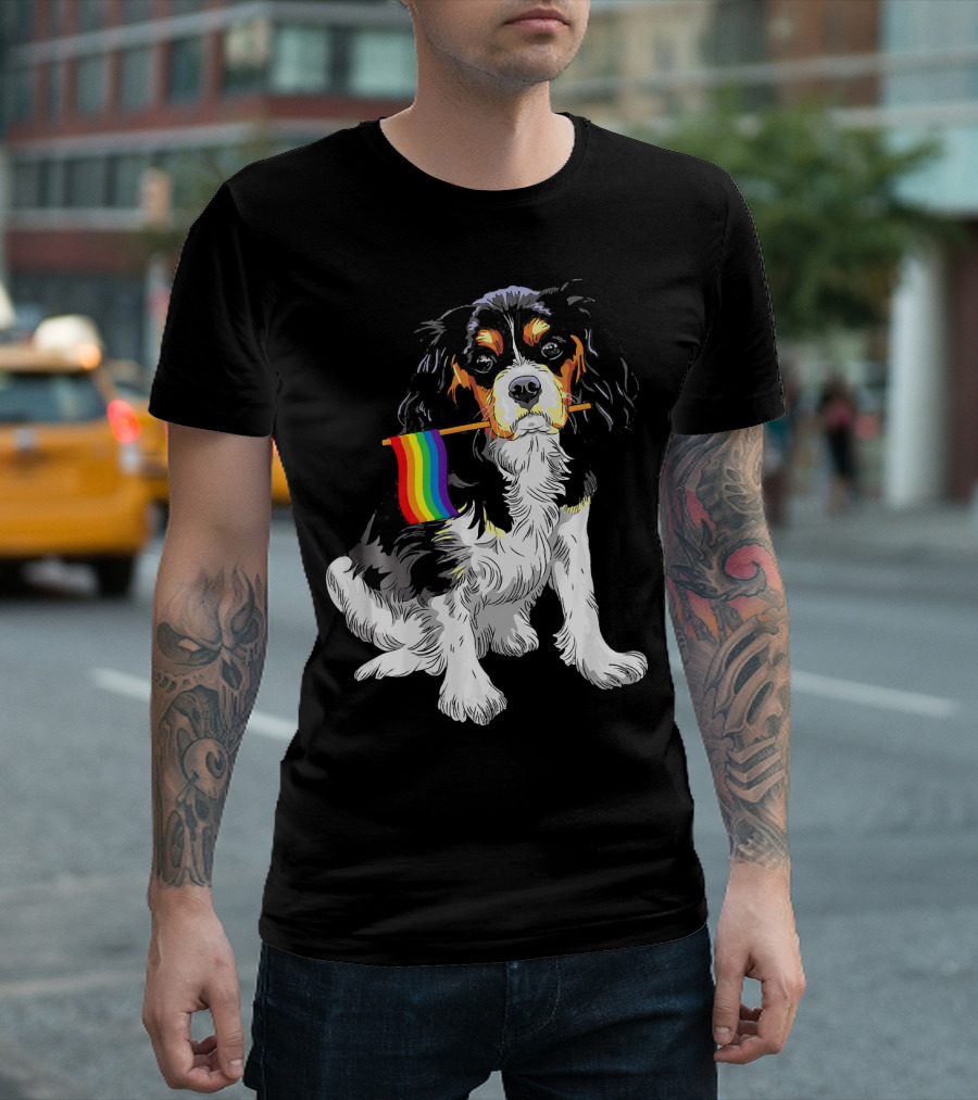 Cavalier King Charles Spaniel With Pride Rainbow Flag T-Shirt