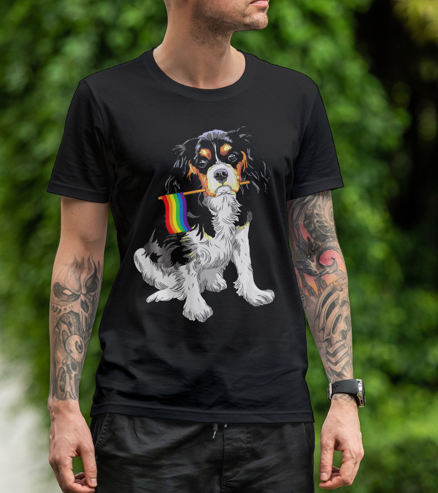 Cavalier King Charles Spaniel With Pride Rainbow Flag T-Shirt