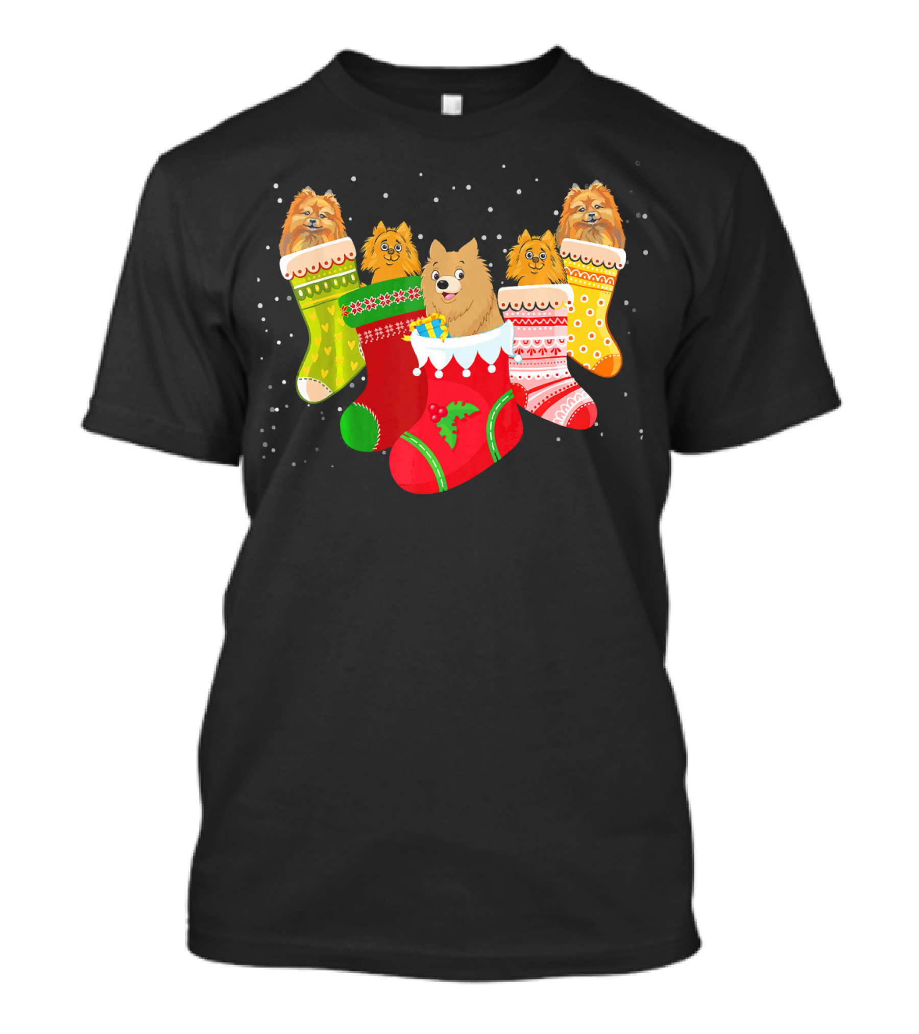 Funny Pomeranian Dogs In Colorful Christmas Stockings Xmas Sock T-Shirt