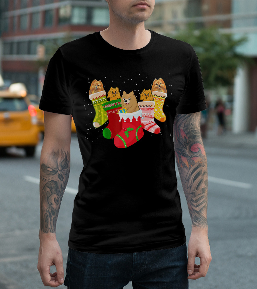 Funny Pomeranian Dogs In Colorful Christmas Stockings Xmas Sock T-Shirt