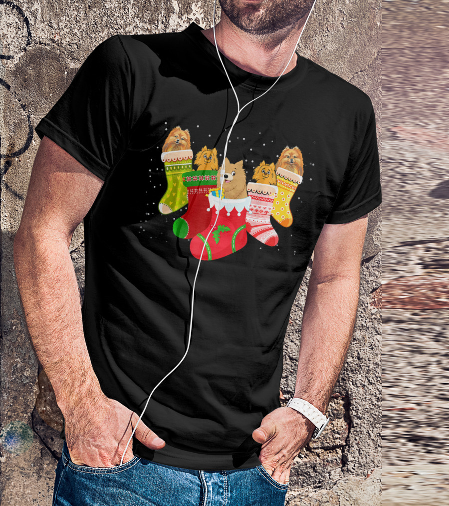 Funny Pomeranian Dogs In Colorful Christmas Stockings Xmas Sock T-Shirt