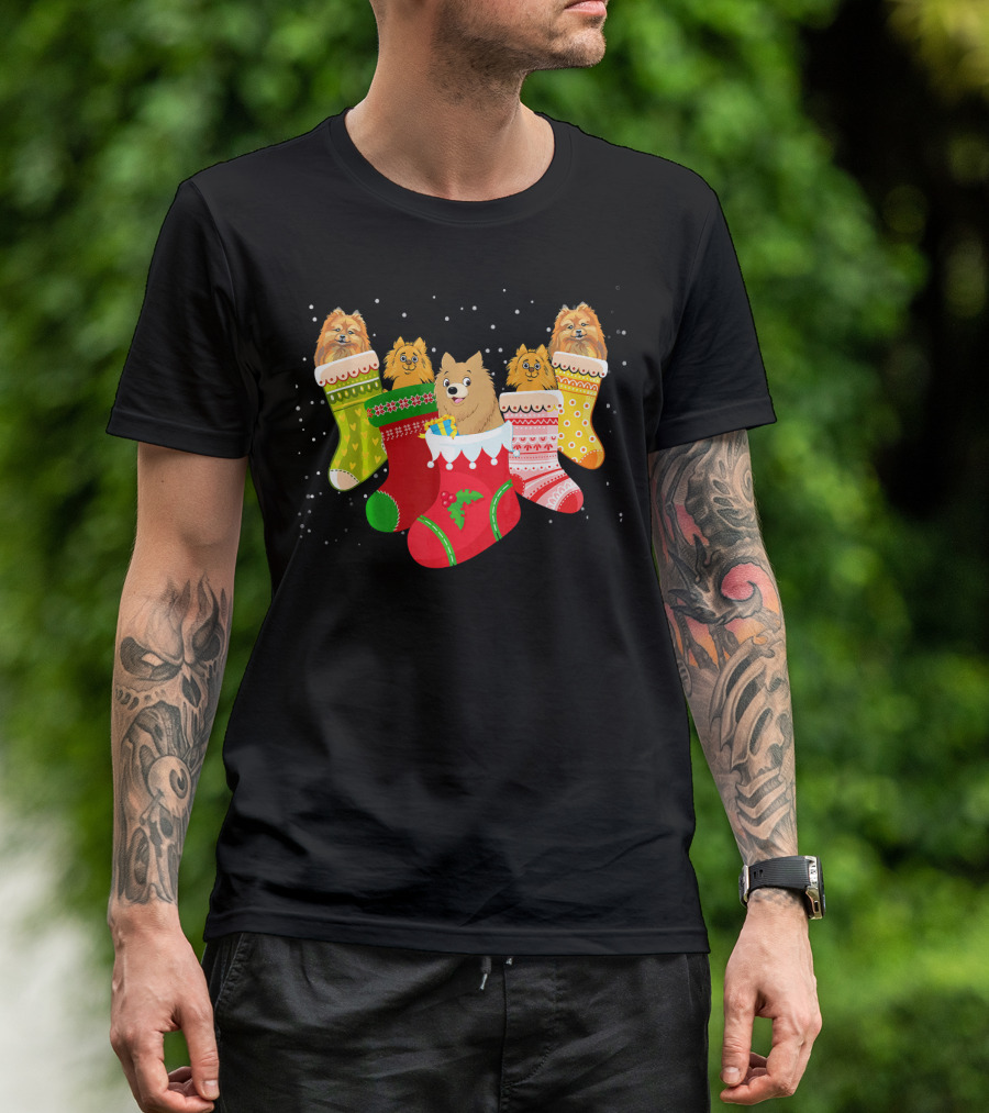Funny Pomeranian Dogs In Colorful Christmas Stockings Xmas Sock T-Shirt