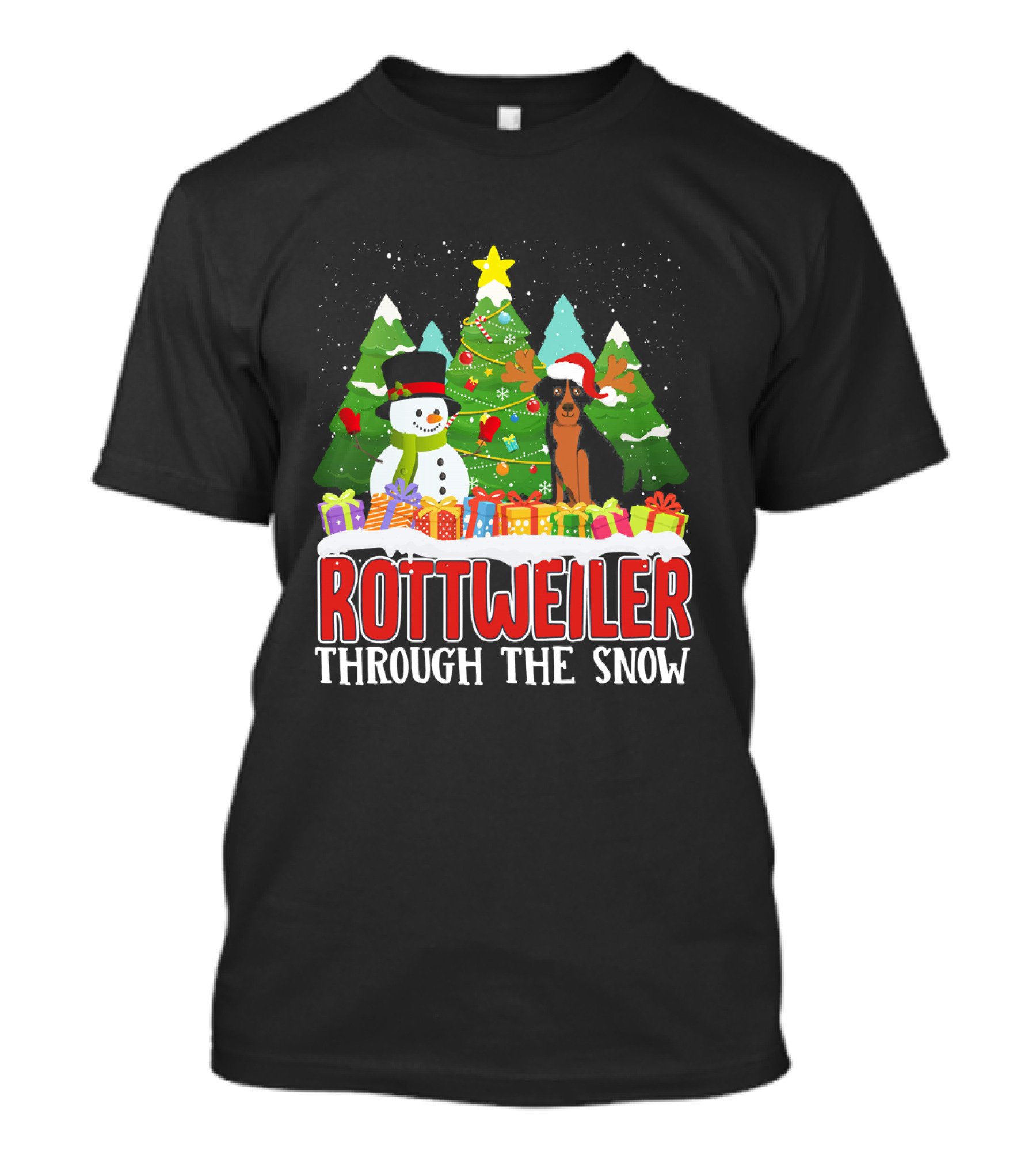 Rottweiler Through The Snow Xmas Christmas Snowman And Gifts T-Shirt