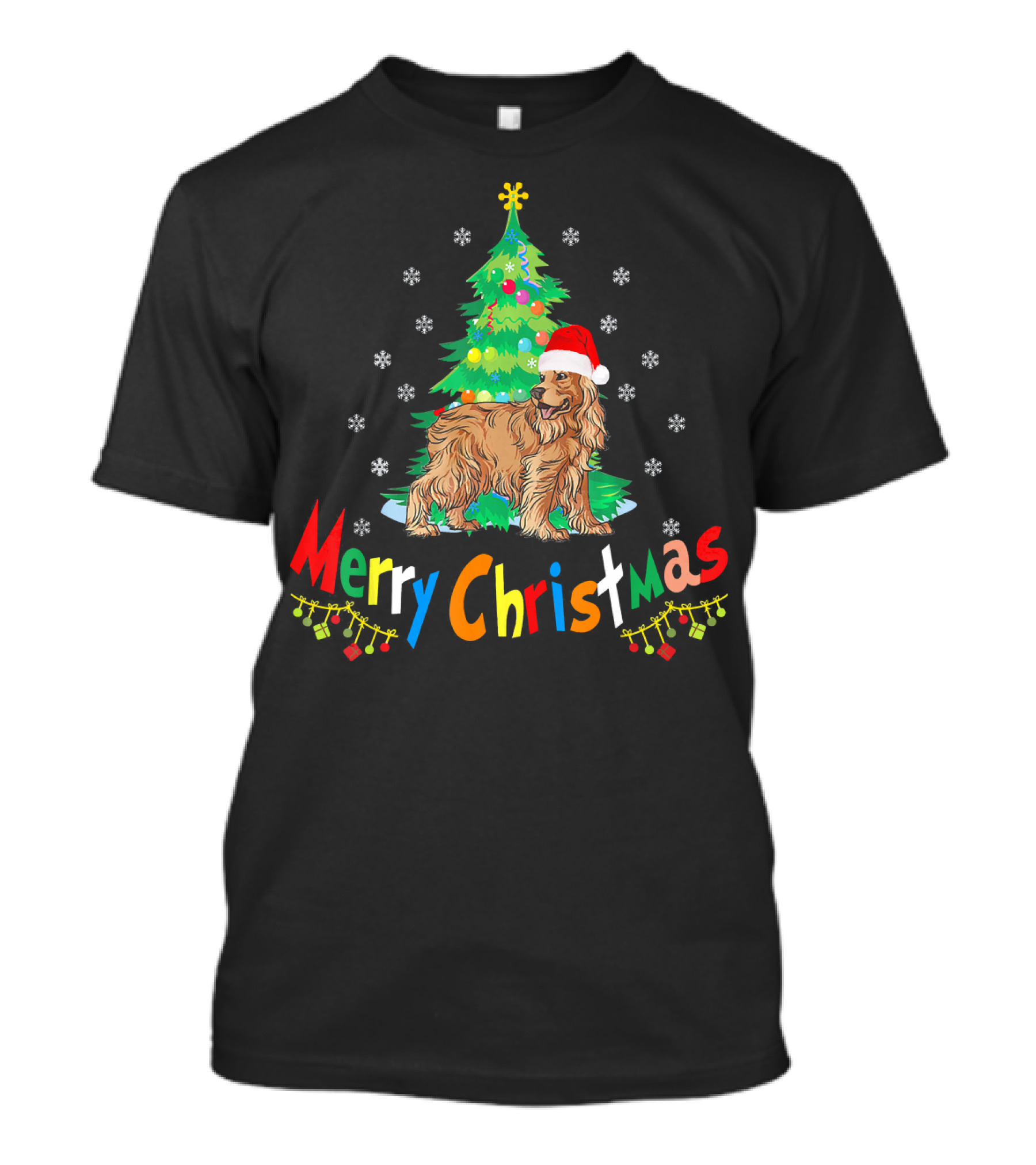 Merry Christmas English Cocker Spaniel Santa Hat Snowflakes T-Shirt