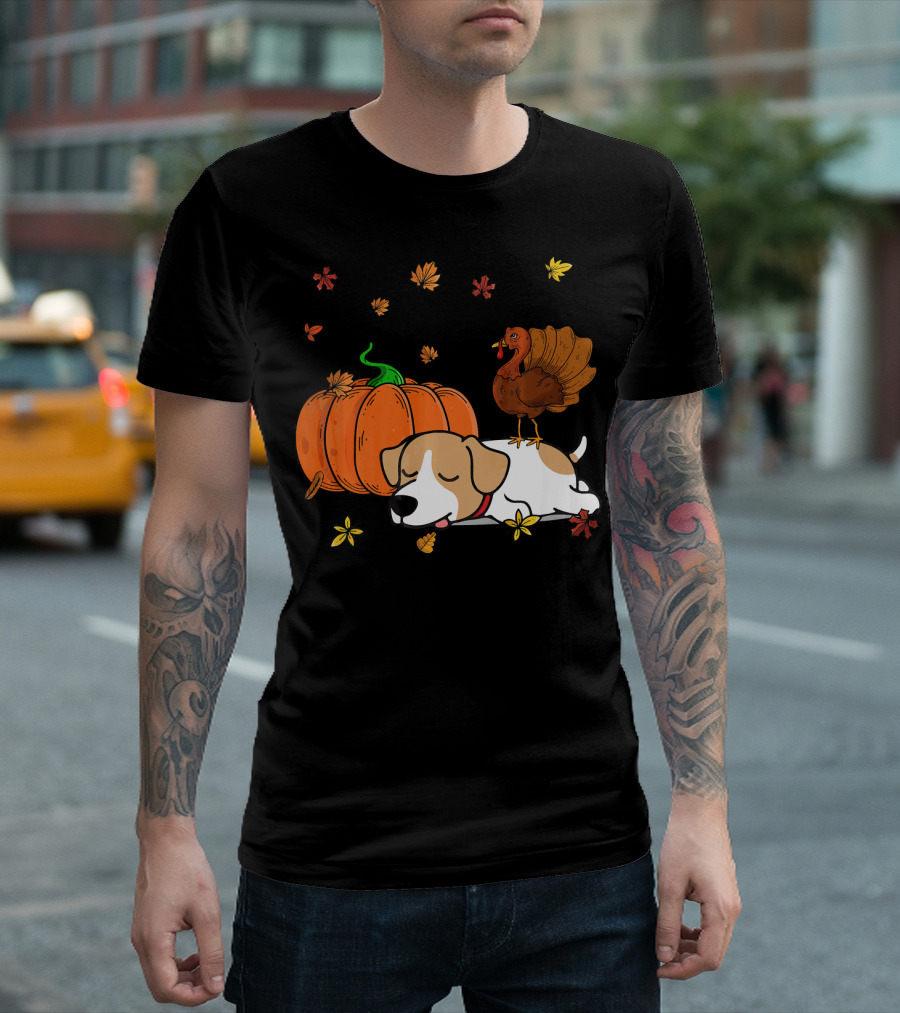 Funny Jack Russell Dog Sleeping with Turkey and Pumpkin Autumn Leaves T-Shirt
