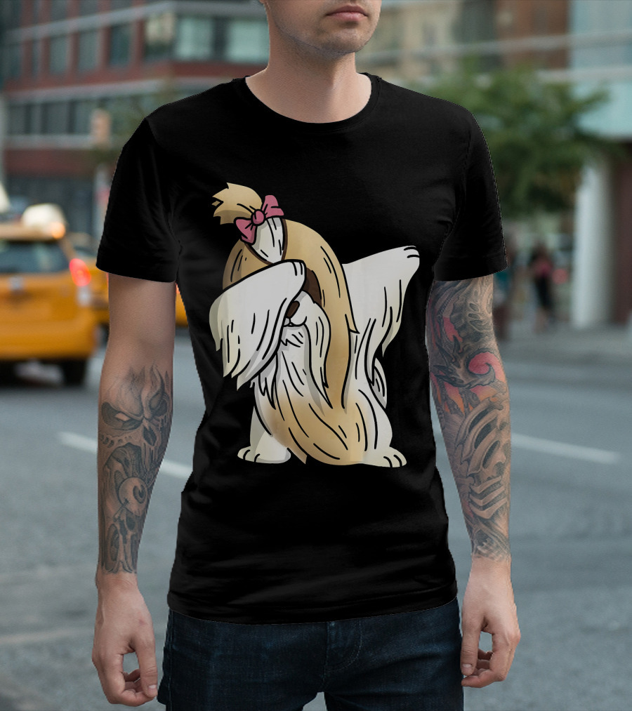 Dabbing Long Coated Shih Tzu Performing Dab Dance with Pink Bow T-Shirt