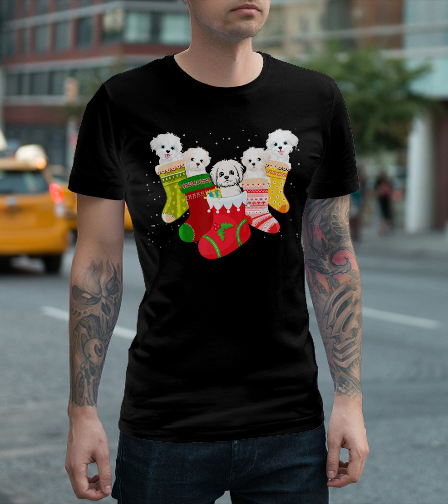 Maltese Dog Christmas Stockings Festive Holiday Gift Idea T-Shirt