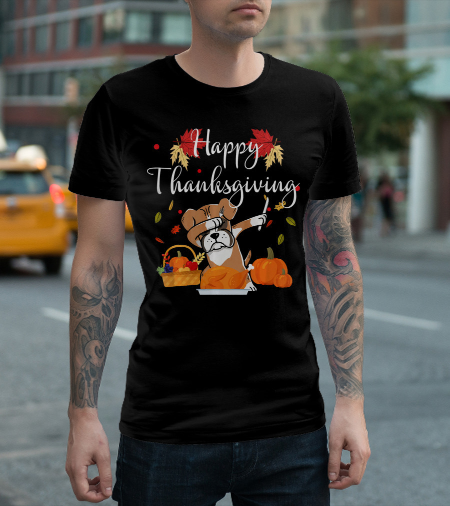 Happy Thanksgiving Dabbing Boxer Dog With Turkey And Pumpkins T-Shirt