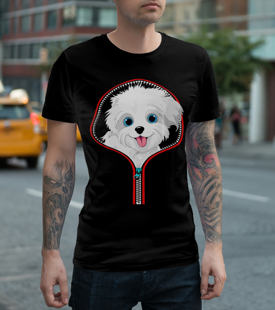 Funny Maltese Dog Peeking Through Zipper T-Shirt