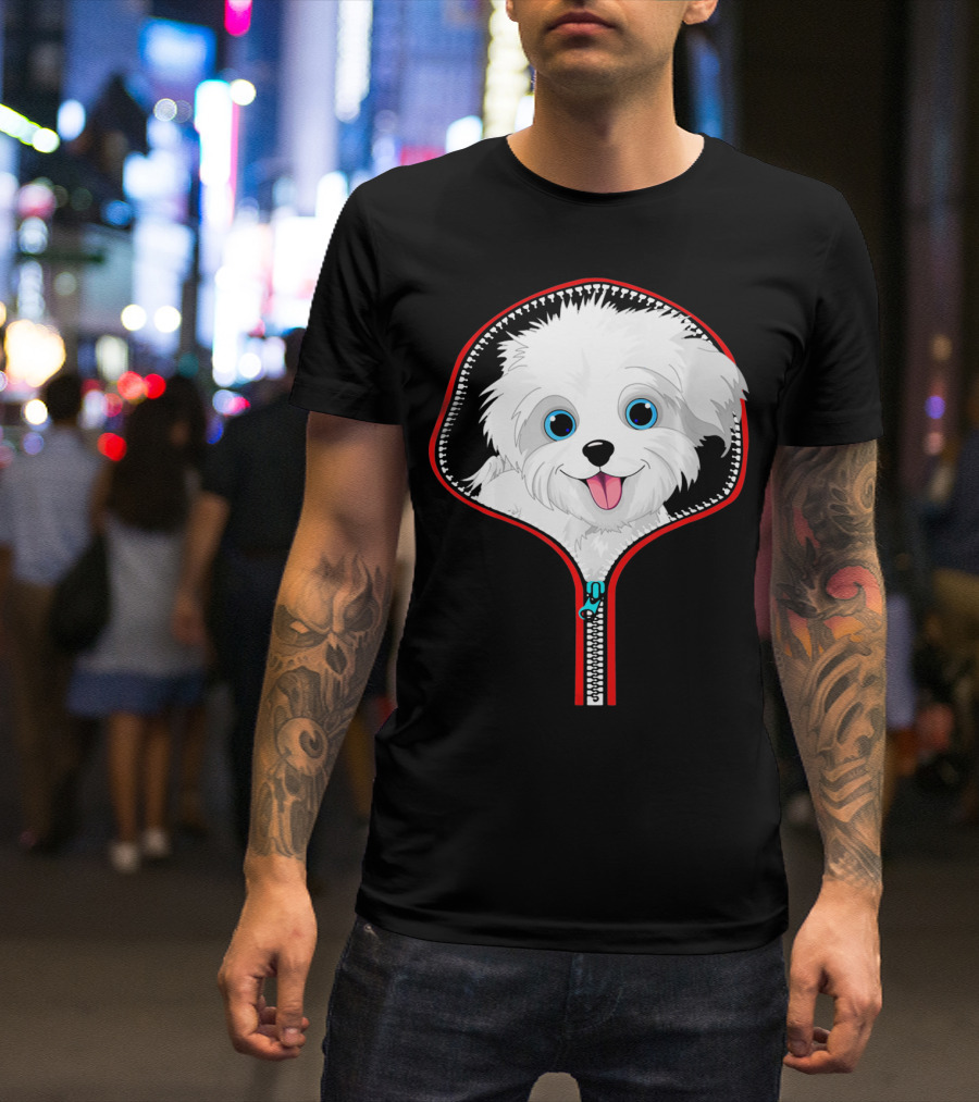 Funny Maltese Dog Peeking Through Zipper T-Shirt