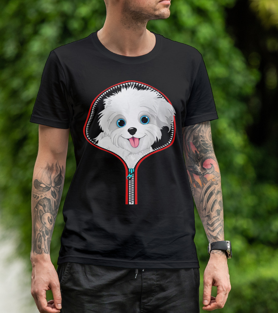 Funny Maltese Dog Peeking Through Zipper T-Shirt