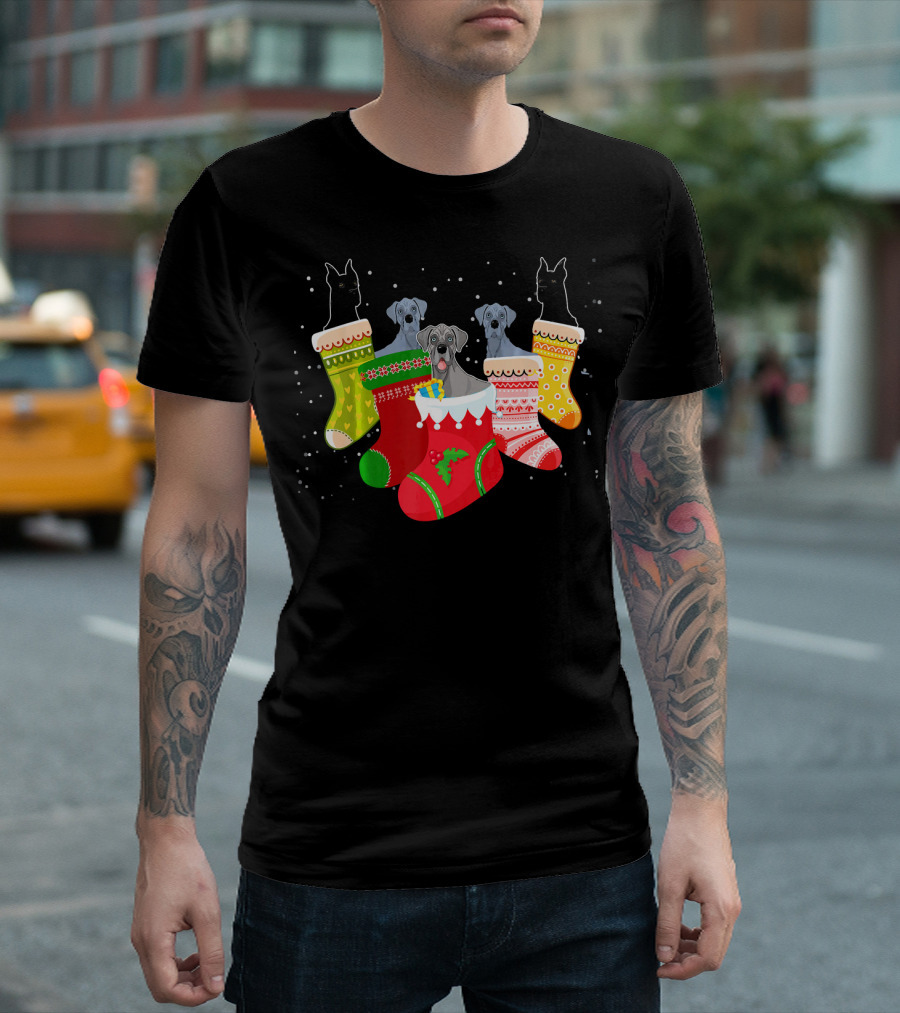 Funny Great Dane in Christmas Stockings Xmas Dog Holiday T-Shirt