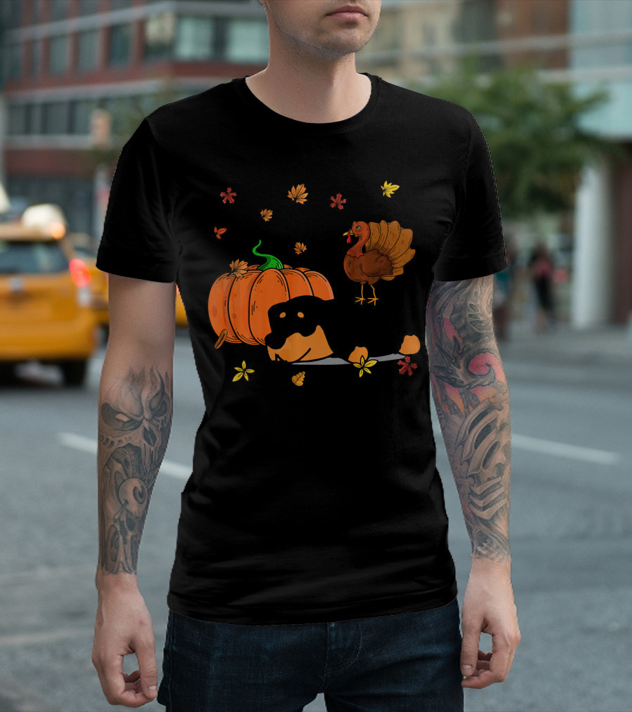 Funny Rottweiler Sleeping with Pumpkin and Turkey for Thanksgiving Lovers T-Shirt