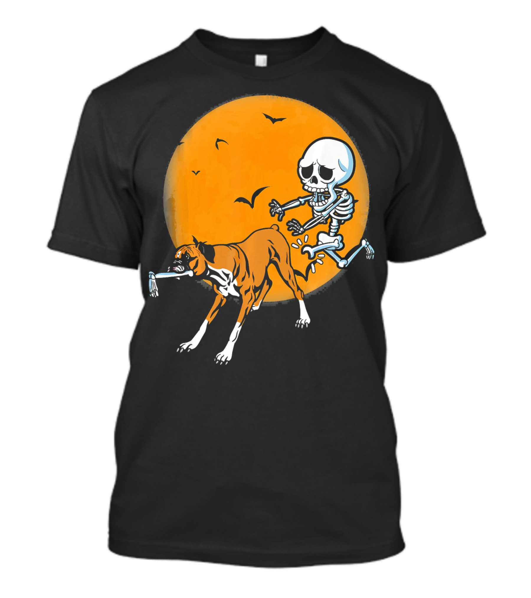 Funny Boxer Dog Being Chased By Skeleton With Bone In Front Of Full Moon T-Shirt
