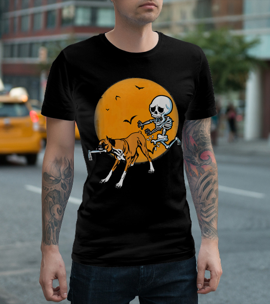 Funny Boxer Dog Being Chased By Skeleton With Bone In Front Of Full Moon T-Shirt