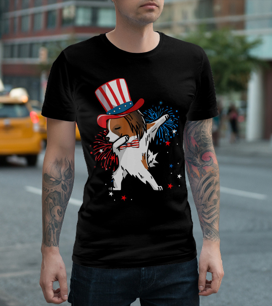 Dabbing Papillon Patriotic Fireworks Hat and Bowtie T-Shirt