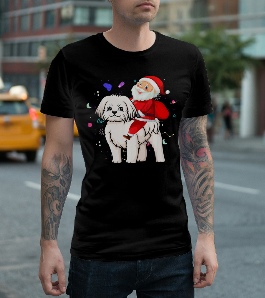 Funny Christmas Santa Riding Maltese with Holiday Space Elements T-Shirt