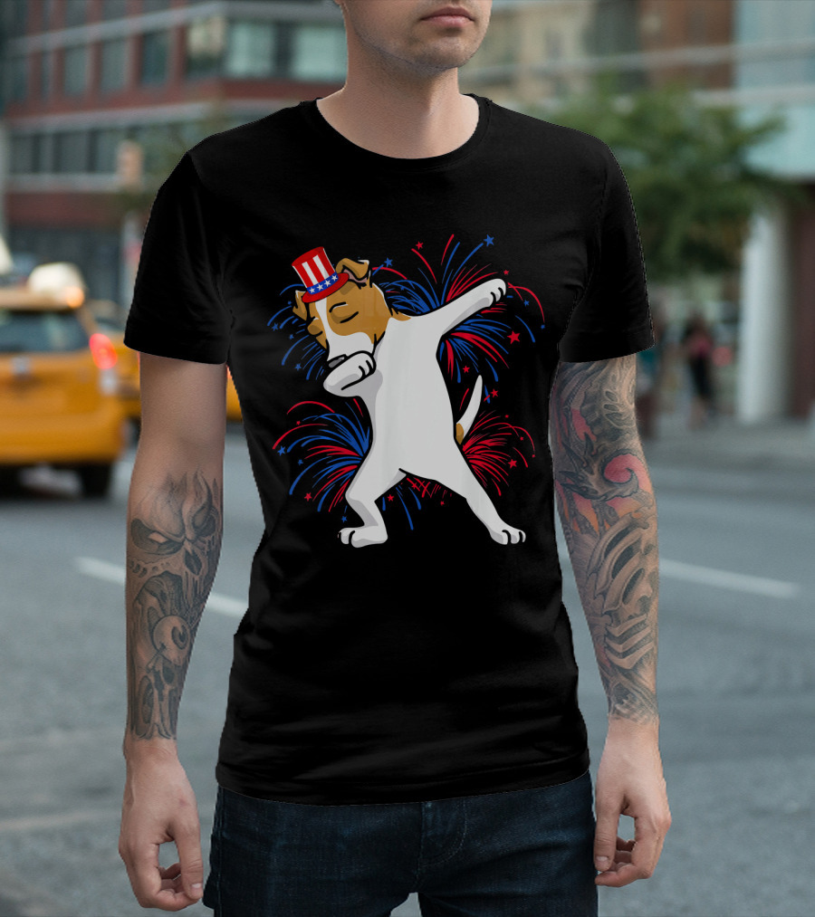 Patriotic Dabbing Jack Russell With Fireworks And Uncle Sam Hat For 4th Of July T-Shirt