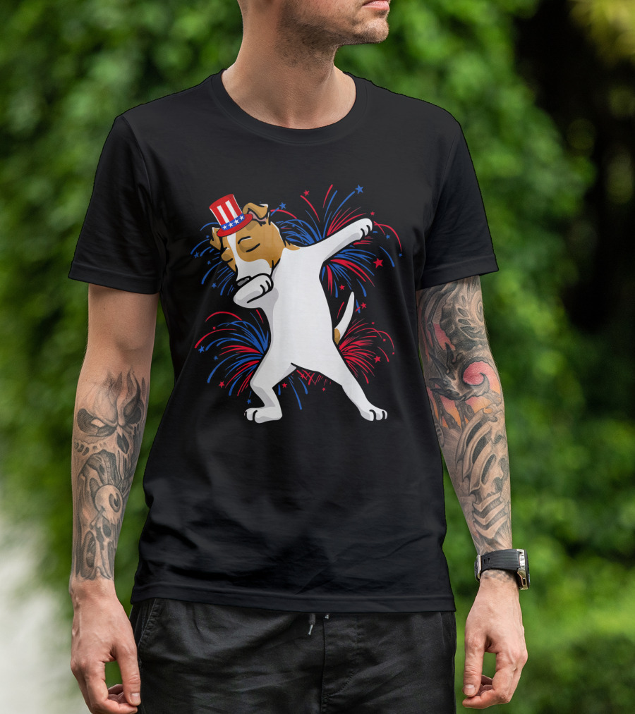 Patriotic Dabbing Jack Russell With Fireworks And Uncle Sam Hat For 4th Of July T-Shirt