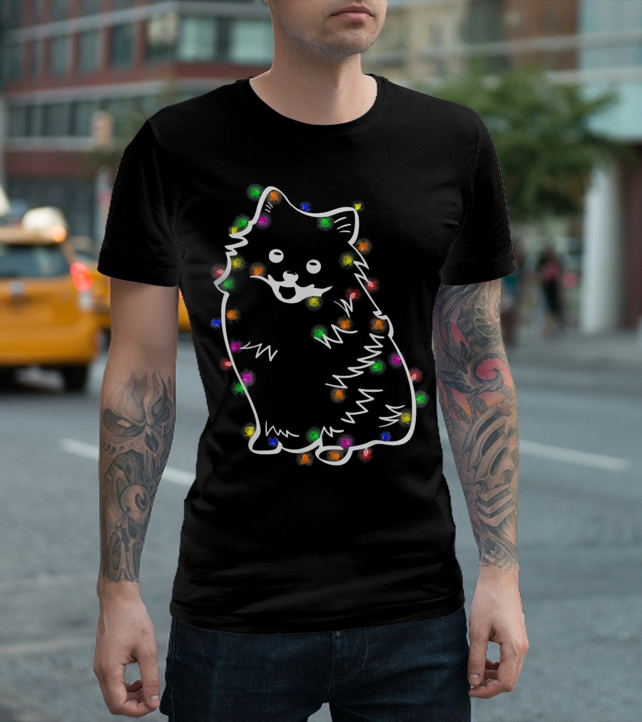 Pomeranian Wrapped In Christmas Fairy Lights Festive Funny T-Shirt