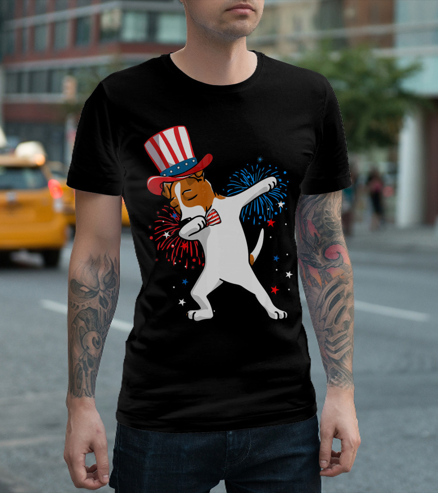 Dabbing Jack Russell Patriotic Uncle Sam Hat Fireworks T-Shirt