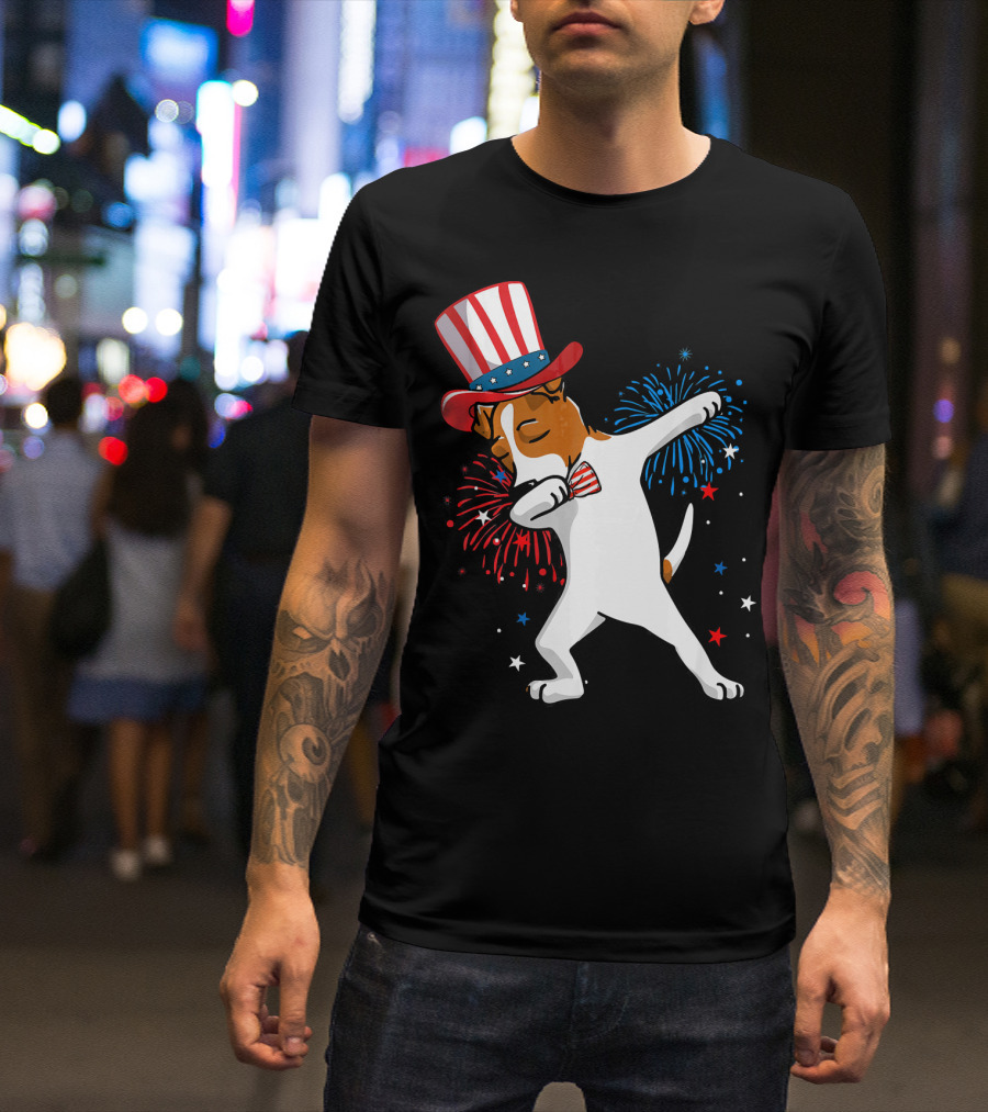 Dabbing Jack Russell Patriotic Uncle Sam Hat Fireworks T-Shirt