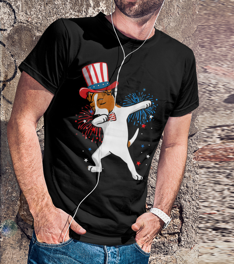 Dabbing Jack Russell Patriotic Uncle Sam Hat Fireworks T-Shirt