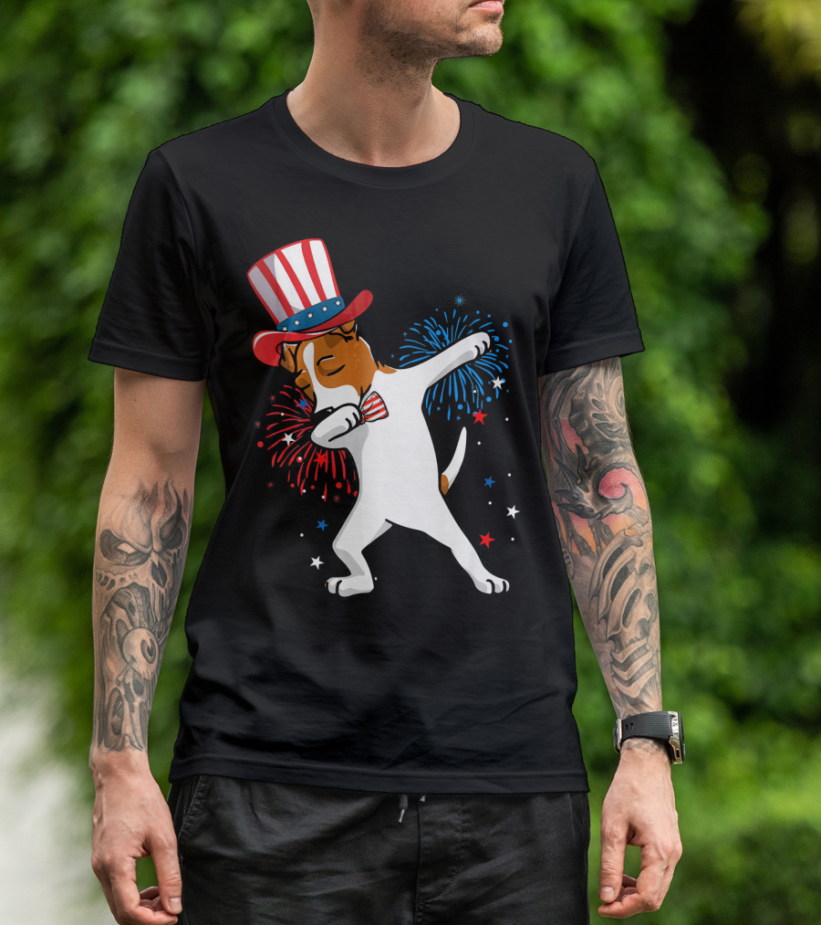 Dabbing Jack Russell Patriotic Uncle Sam Hat Fireworks T-Shirt